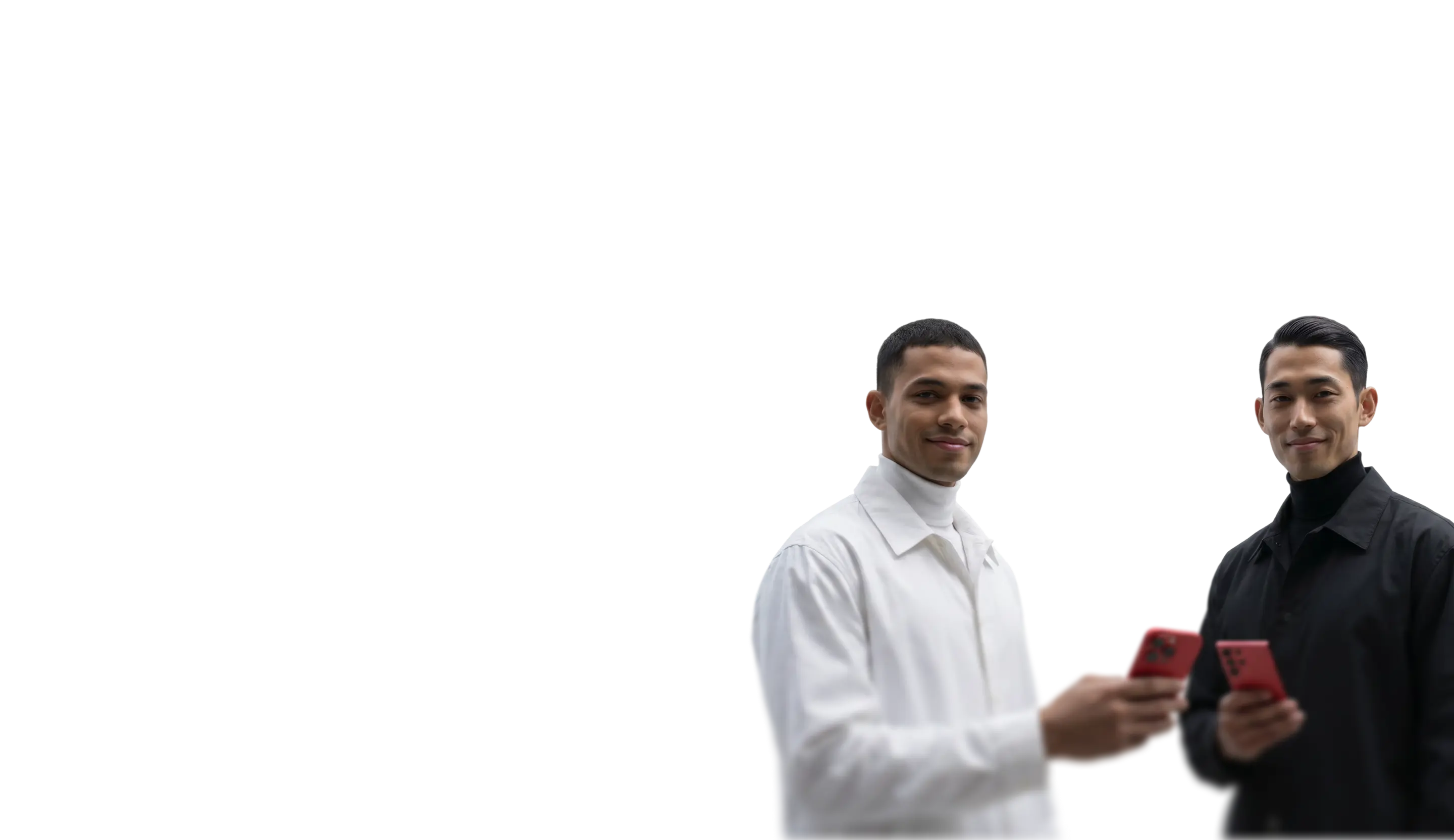 two people holding smartphones, representing mobile trading and connected investing