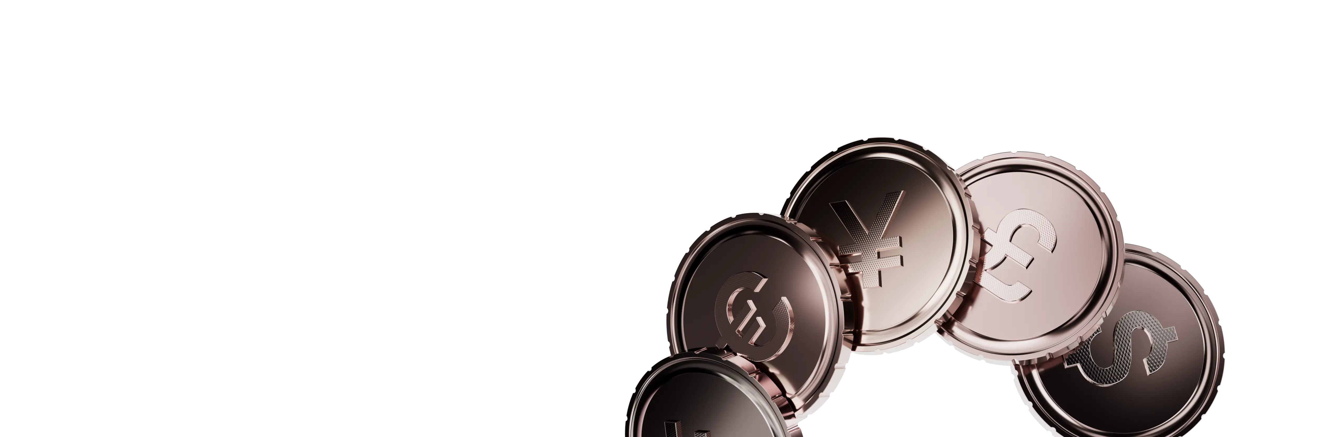 coins engraved with dollar, yen, euro and pound currency symbols