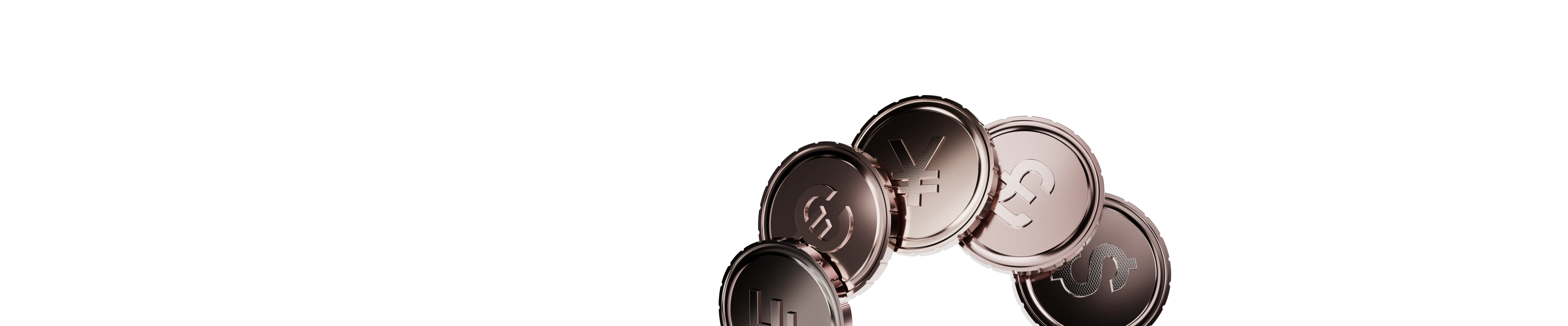 coins engraved with dollar, yen, euro and pound currency symbols